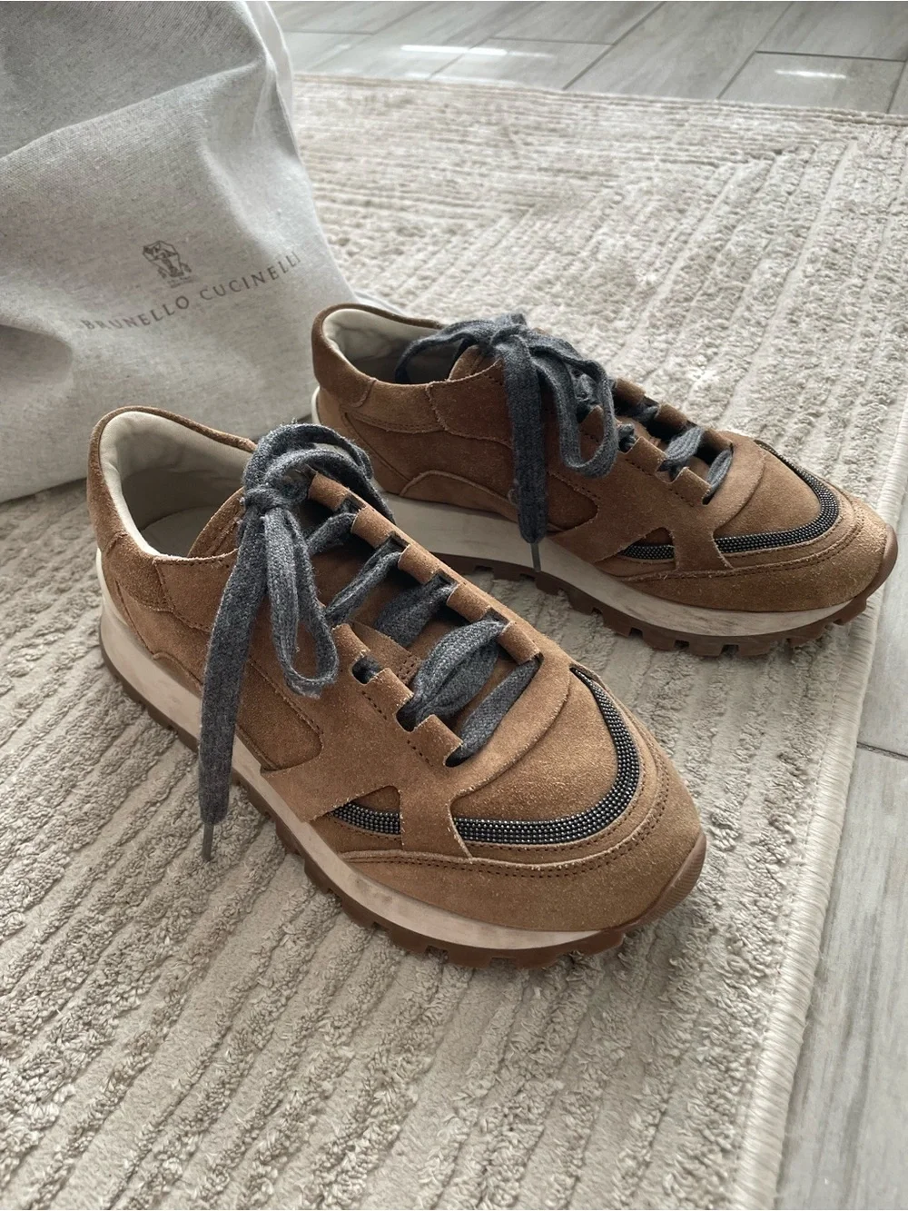 Brunello Cucinelli - Suede runners with Monili Copper Low Top Sneakers